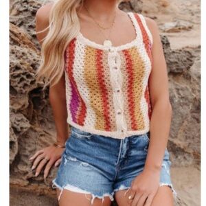 Lush crochet knit crop tank XL cream berry multi